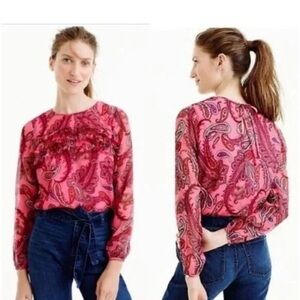 J Crew 100% silk ruffle front lined long sleeve blouse , size 4